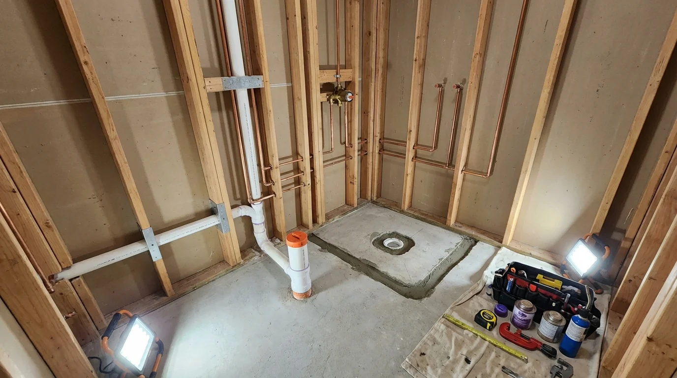 Bathroom rough-in plumbing during remodel by Johns Plumbing LLC in Morgan