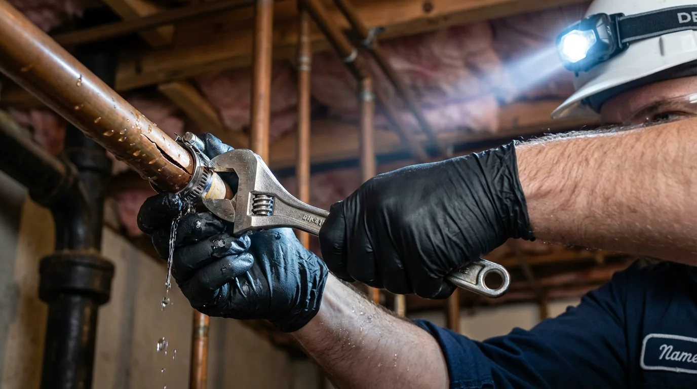 Emergency pipe clamp repair being performed by a Johns Plumbing LLC plumber in Morgan