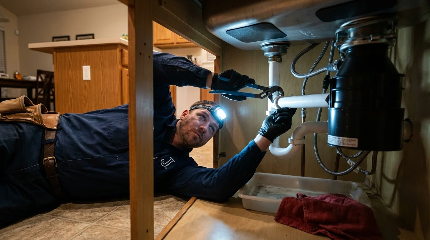 P-trap and supply line connections under a kitchen sink showing a common leak point in Morgan, UT
